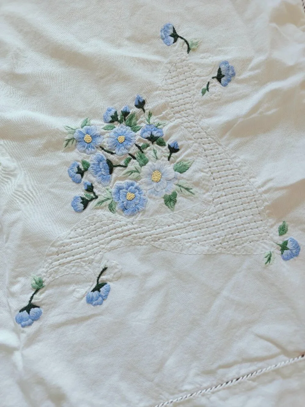 Hand Embroidered Cotton Pillow Sham Blue Floral Hemstitch 29x23.5
